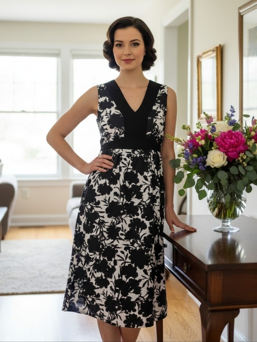 George Designs by Mark Eisen Floral Noir Tying Ribbon Accent Dress — Size 10